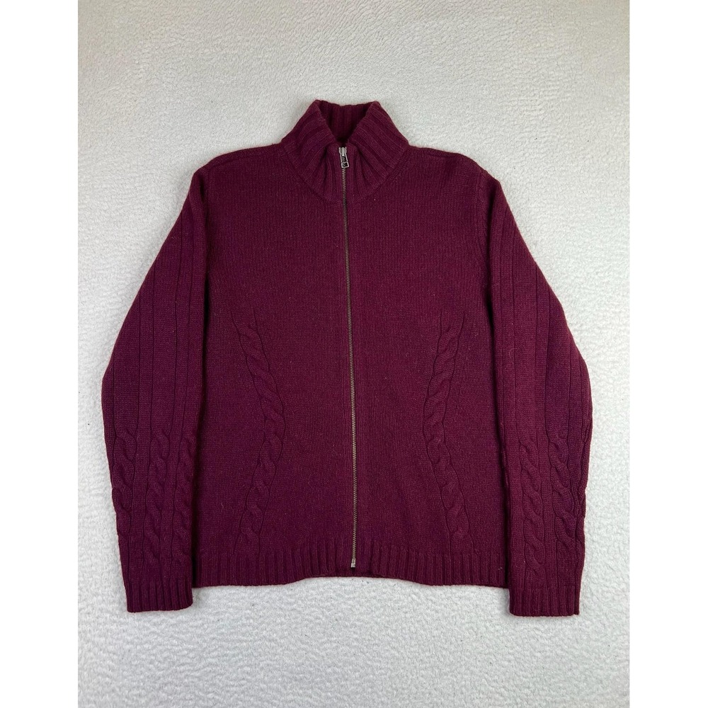 Eddie Bauer Womens Purple Lambswool Full Zip Mock Neck Cable Knit Sweater L